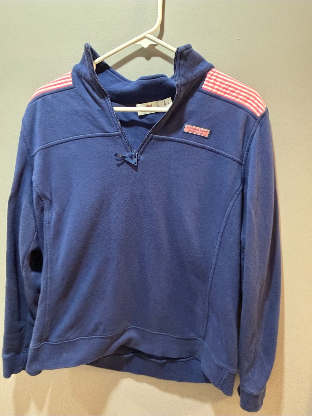 Vineyard Vines Navy Quarter-Zip Pullover with Pink Striped Shoulder Accents